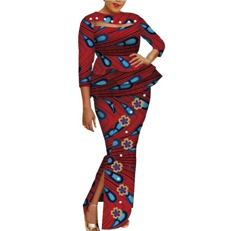 アフリカのワックスプリント2ピースセットバジンリッチ刺繍フラワーパール女性セットDashikiクロップトップとスカートセットWY3698