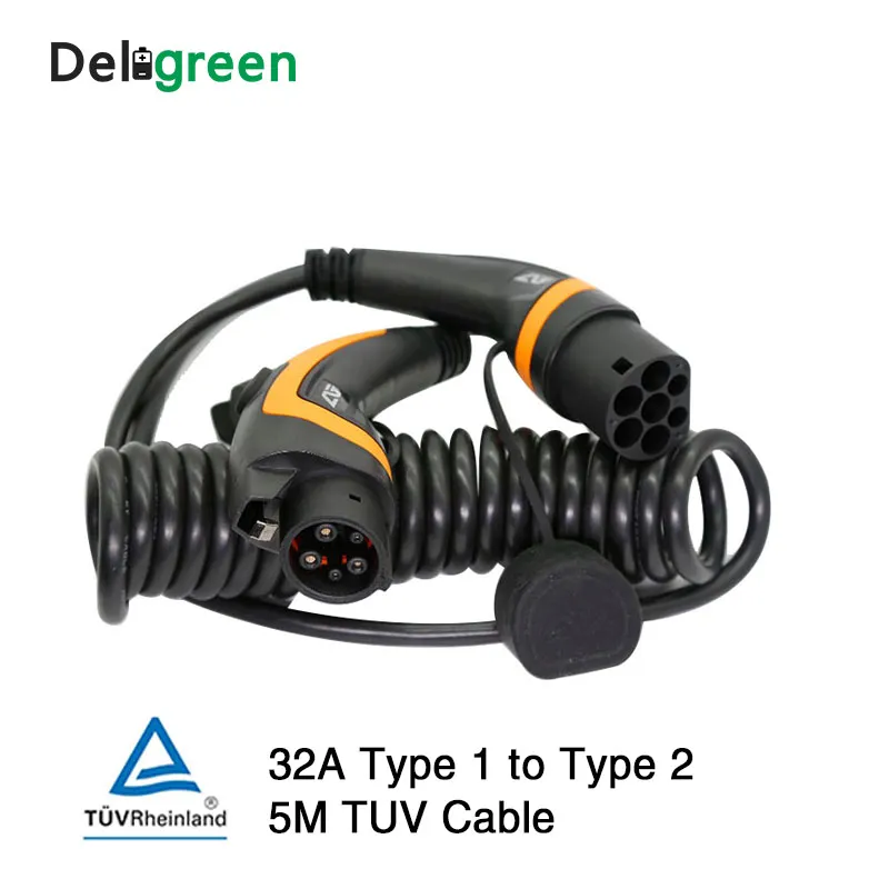 Deligreen 32A da tipo 1 a tipo 2 da J1772 a IEC62196 EV spina di ricarica con cavo a molla TUV/UL da 5 metri cavo dritto