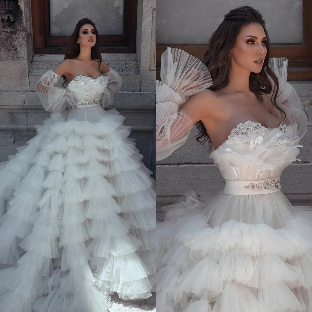 2019 Sweetheart Vintage Wedding Dresses with Tiered Skirts Courts Train Sexy Beach vestido de novia Crystals Feather Appliqued Wedding Gowns