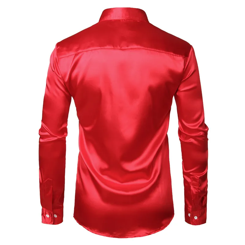 Mäns Slim Fit Silk Satin Dress Shirts Bröllop Brudgum Stage Prom Män Långärmad Knapp Dam Skjorta Man Chemise Homme Red MX200518