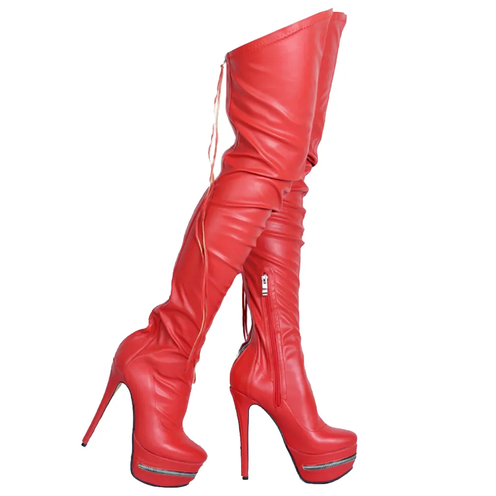 Red platform thigh high boots sales