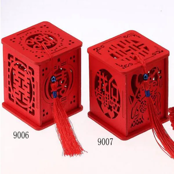 200pcs / lot 나무 중국 이중 행복 결혼식 호의 상자 사탕 상자 중국 빨간색 고전 설탕 케이스 술