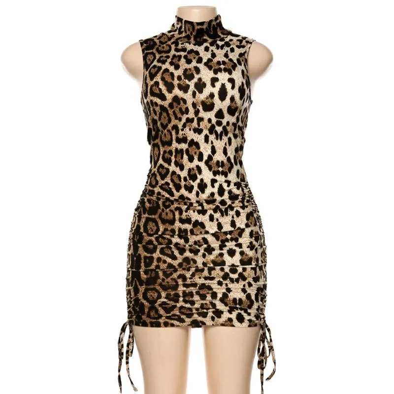 Leopard Print High Collar Cheetah Leopard Dress Sleeveless Bodycon Mini ...