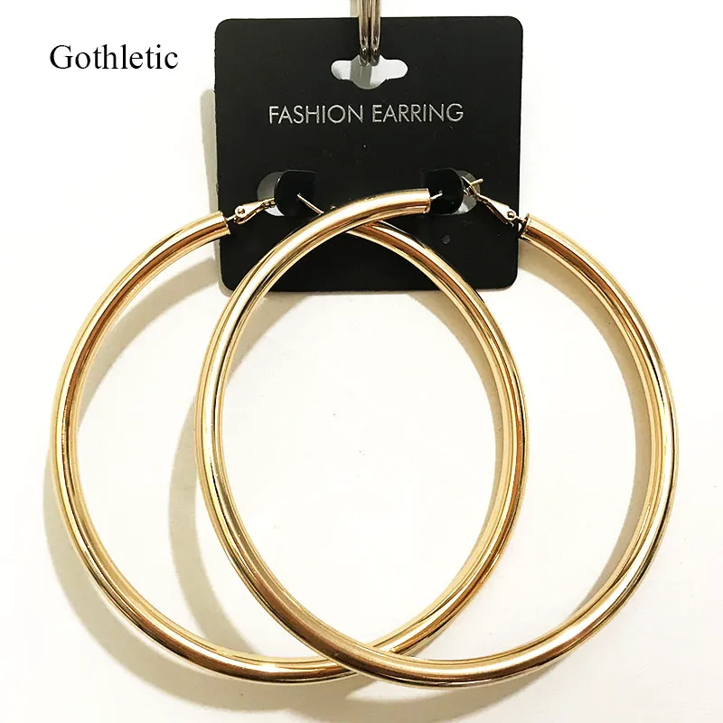 Gothletic Goldfarbene 90 mm große Creolen, 5 mm dickes Kupferrohr, minimalistische runde Kreis-Ohrringe für Frauen, Hip-Hop-Rock-Schmuck
