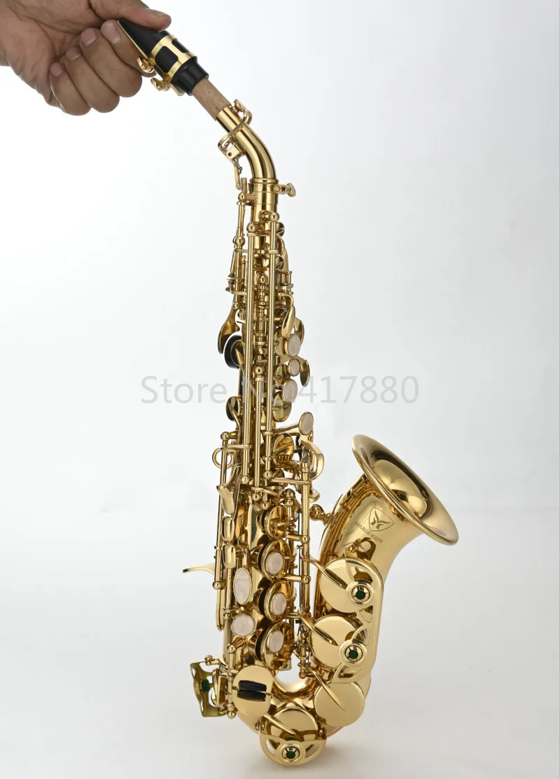 Margewate Small Bend Neck Sopran Saxofon B Plant Högkvalitativ Brass Gold Lacquer Music Instruments SAX med munstycke Gratis frakt