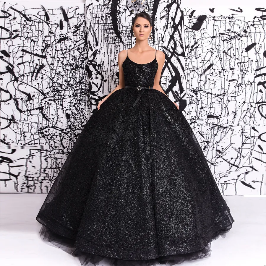 Glitzernde Ballkleid-Abschlussballkleider mit Pailletten, U-Ausschnitt, ärmellose schwarze Abendkleider, bodenlanges formelles Tüllkleid in Übergröße