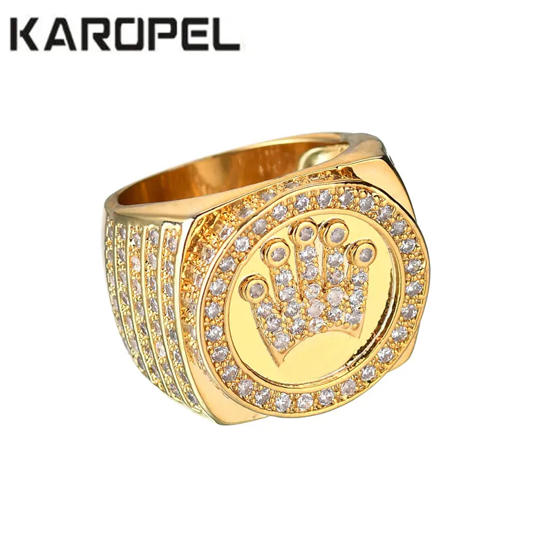 Karopel Hip Hop Bling Jewelry King Crown Festa del papà Regalo per uomo Bling Bling Micro Pave Cz Anello zircone color oro C19041203