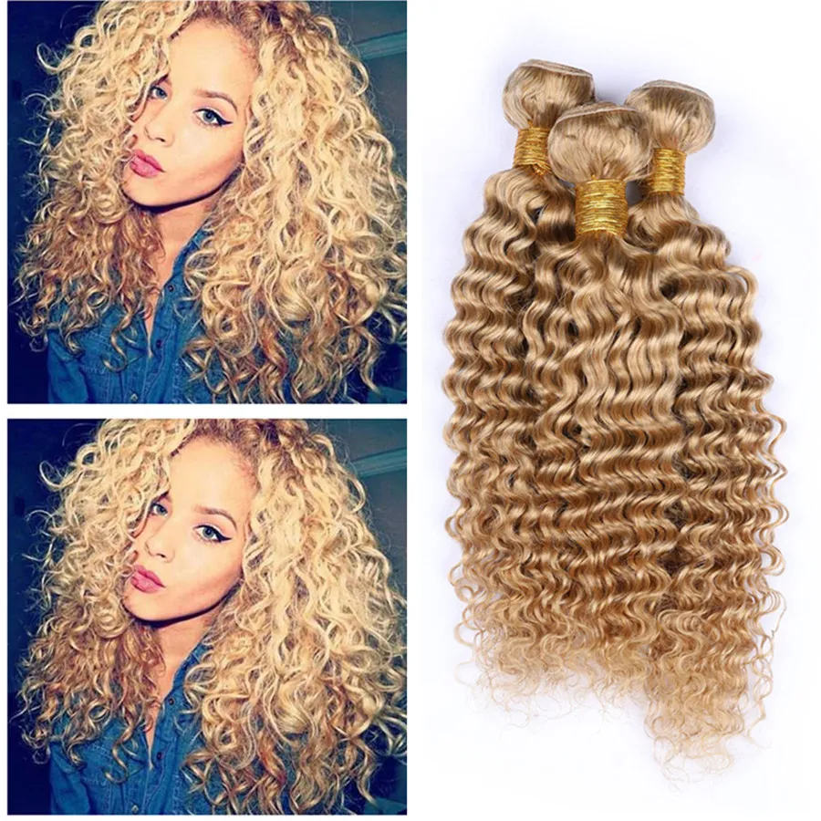 Głęboka fala Curly Hair Extensions # 27 Miód Blondynka Dziewiczy Peruwiański Przedłużenie włosów 3 Wiązki Oferty Głębokie Wave Kręcone Włosy