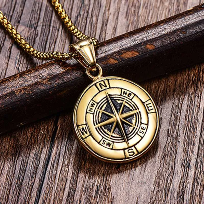 Vnox Stylish Stainless Steel Compass Necklace for Men,Retro Round Coin  Charms Pendant, Rock Punk Male Collar Jewelry