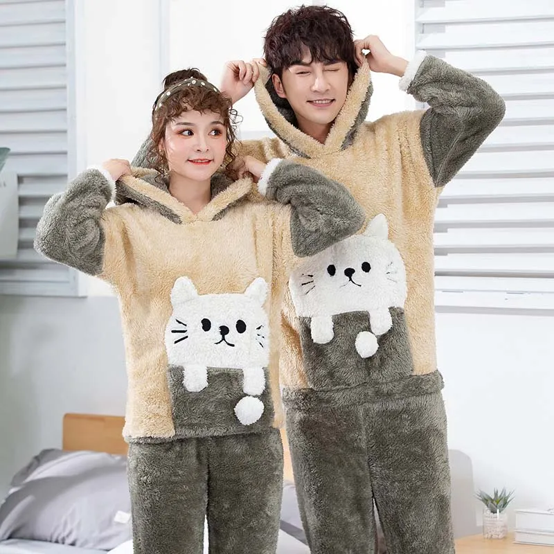 Couple Pajamas Unisex Adult Winter Warm Men Pajamas Set 2 Pieces Thicken Home Wear Flannel Sleepwear Long Sleeve Male Pijamas