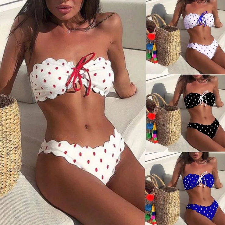 Kadın Bikini 2019 Yaz Yeni Seksi Bayanlar Mayo Polka Dot Baskılı Bikini Dantel Bölünmüş Mayo Toptan