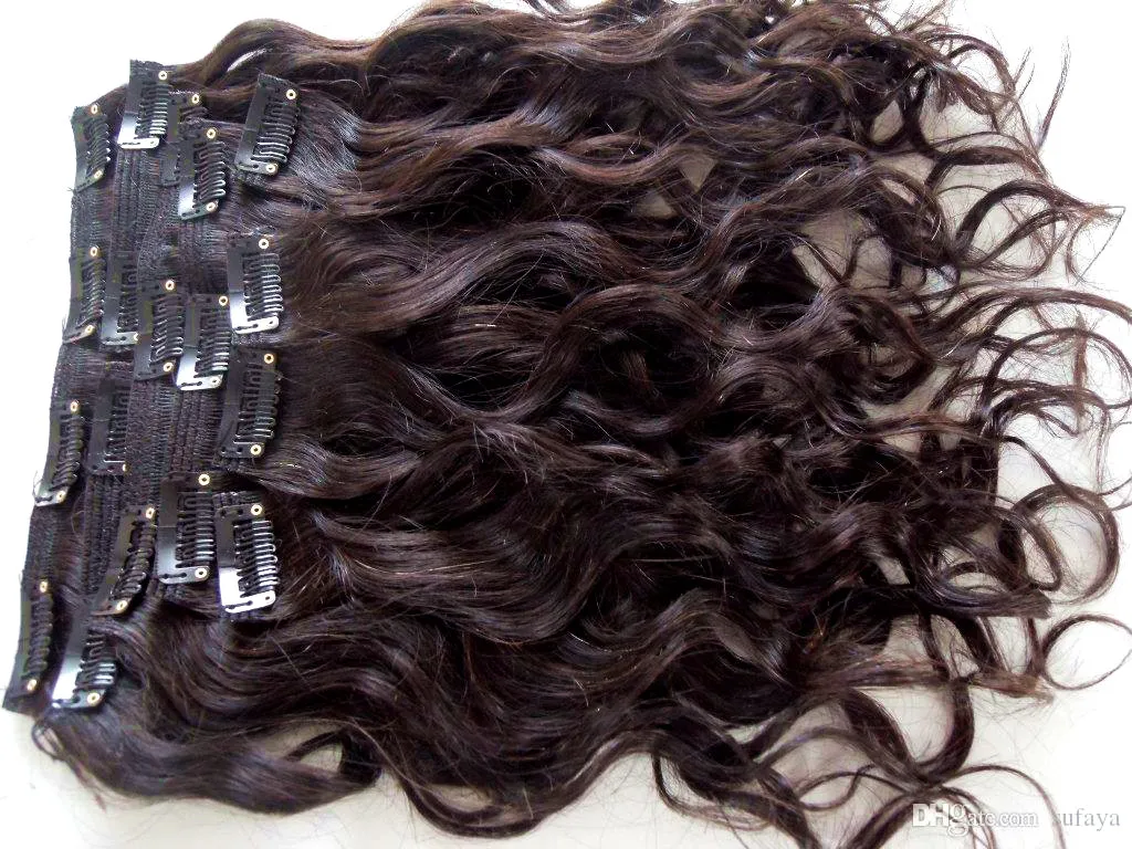 Mongolian Human Virgin Remy Hair Extensions 9 sztuk Klip w Włosach Fale Włosy Ciemnobrązowy Kolor