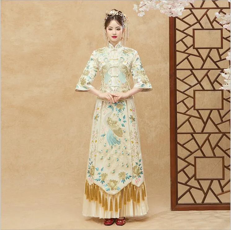 Elegant Champagne Special Wedding Lehenga Choli for Oversea Asian Brides - Traditional Ethnic Kimono Robe Show Cheongam