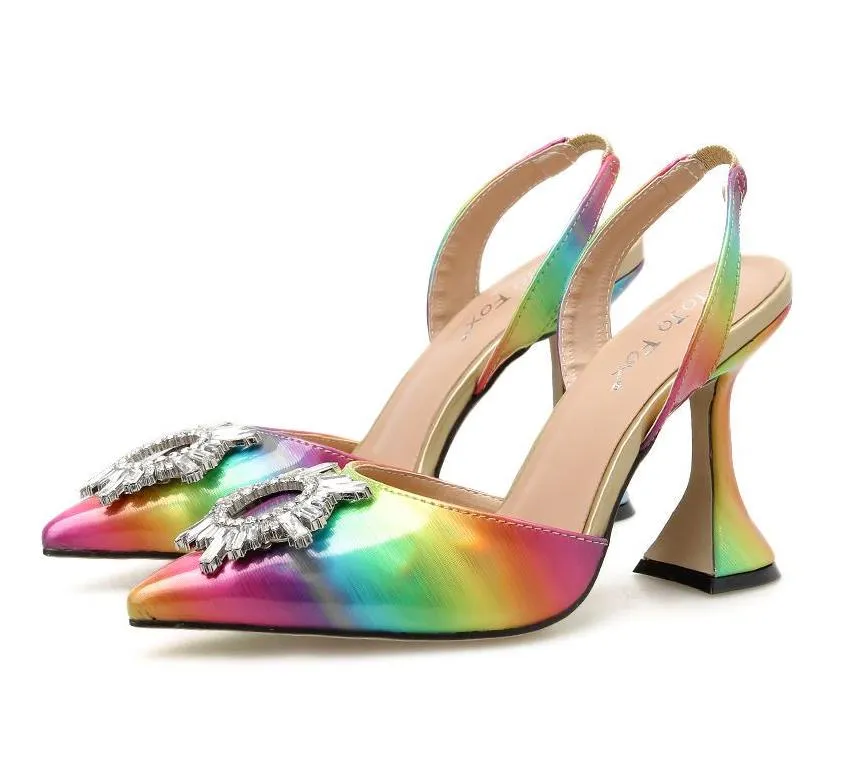 size 35 to 41 adorable rainbow color rhinestone flower pointed spool heels designer pumps fashion luxury designer women shoes