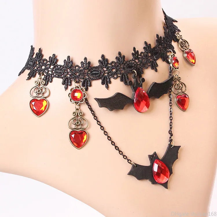 Halloween Gothique Dentelle Colliers Cristal Vintage Tour De Cou Noir Chauve-Souris Coeur Pendentif Déclaration Collier Bijoux De Fête pour Femmes Filles Collier Cadeaux