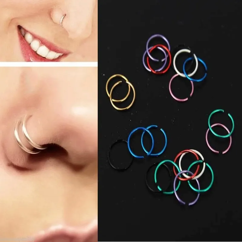 20pcs Pack Çok renkli Altın Küçük Burun Halkası Paslanmaz Çelik Açık Piercing Septum Dudak Halkaları Küpe Kıkırdak Takı236Q