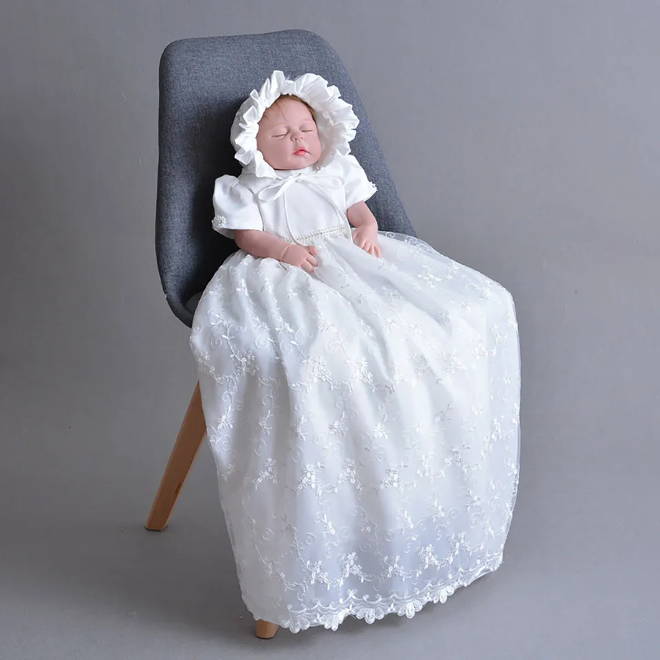 babygirl baptism dress Baby Girl French White Baptism Dress with Rhinestones Headband & Sash 3-6 Months / French White/Veil