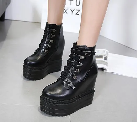 Fashion Women Gothic Boots Lace Up Ankle Boots Platform Punk Shoes Ultra Very High Heel 13cm Bootie Block Chunky Heel size 34-39