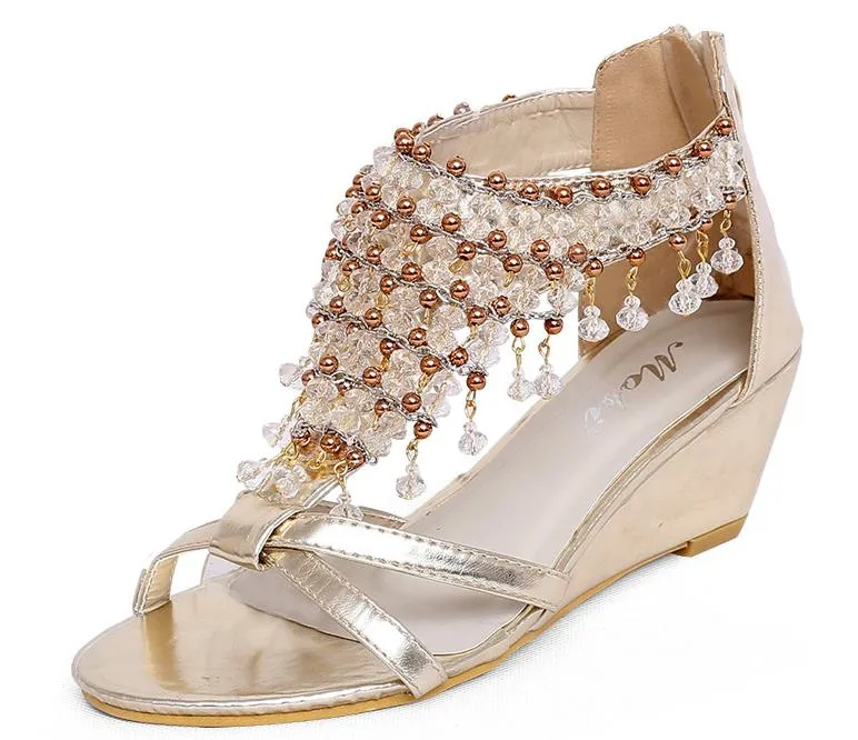 Bohemian Qaulity Beads And Pearls Low Heel Gladiator Pearl Sandals ...