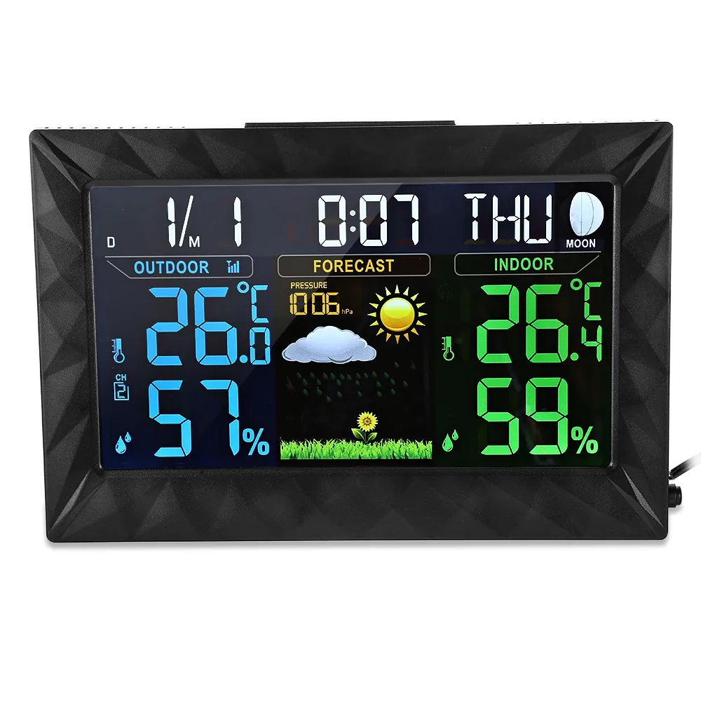 Digitale Farbvorhersage-Wetterstation mit drahtlosem Innen-/Außensensor für Temperatur, Luftfeuchtigkeit und Luftdruck
