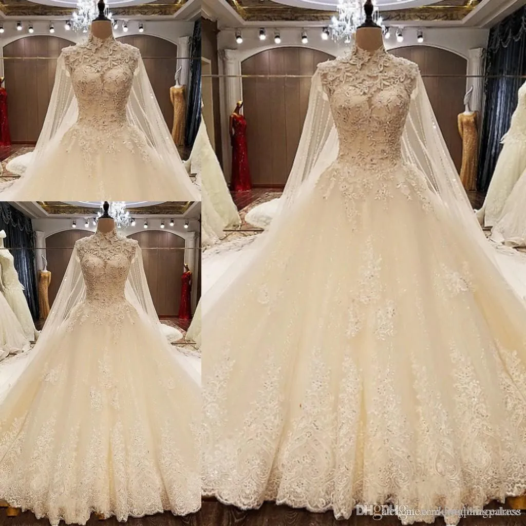 Ocasião elegante princesa alta-Neck Lace Vestidos de noiva Jewel Neck camadas Tulle Especial Vestido Tribunal de casamento vestido de trem de vestidos de noiva