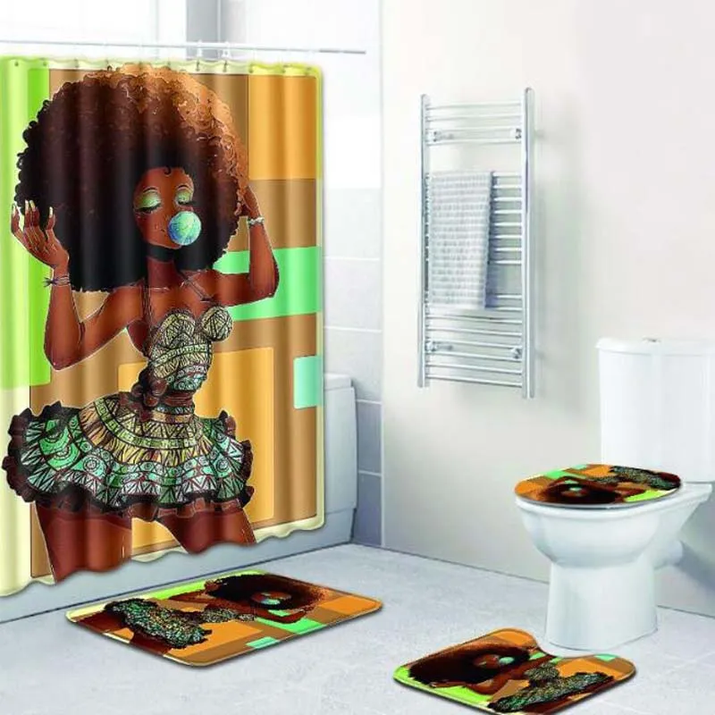 Novos conjuntos de tapete de chuveiro mulher africana capa de assento de banheiro antiderrapante e cortina de chuveiro clephan
