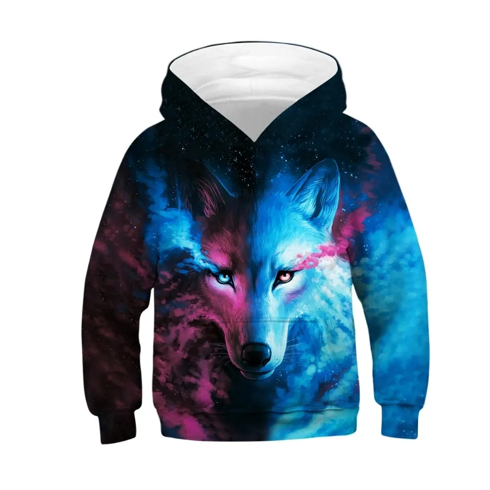 Wolf 3D-print Boys Girls Hoodies Tonåringar Spring Höst Ytterkläder Kids Hooded Tröja Kläder Barn Långärmad Pullover Toppar