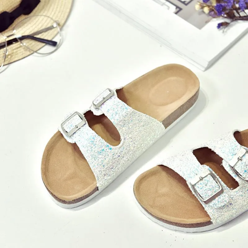 Hot Sale-Summer Casual Sandales Paillettes Diapositives Double Boucle Sabots Femmes Slip on Flip Flats Shoe
