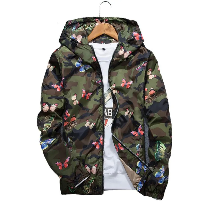 Mens Casual Camouflage Hoodie Jacket Autumn Butterfly Print Clothes Men 'S Hooded Windbreaker Coat Male Outwear Size S-3XL