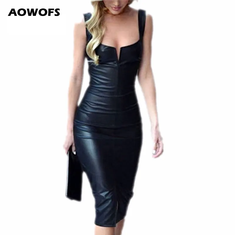 Vestido de couro 2019 moda feminina bandagem bodycon lápis sem mangas clube festa vestido curto couro barco pescoço vestidos sem mangas