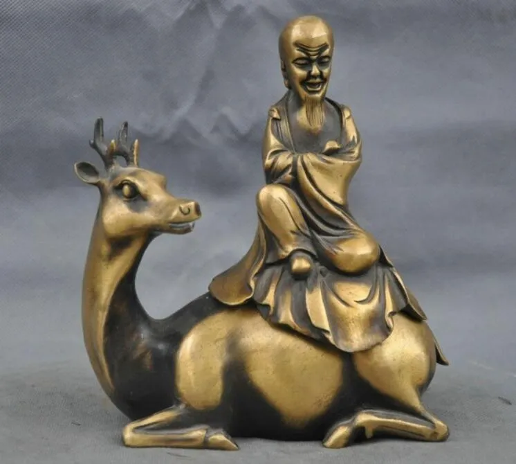 8" Chinese Bronze Buddhism God Of Longevity Star Ride Deer Statue Incense Burner