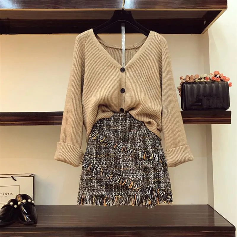 Outono inverno womans v-necked cardigan casaco de malha + cintura alta saia tweed dois peça menina senhoras saias definir roupas