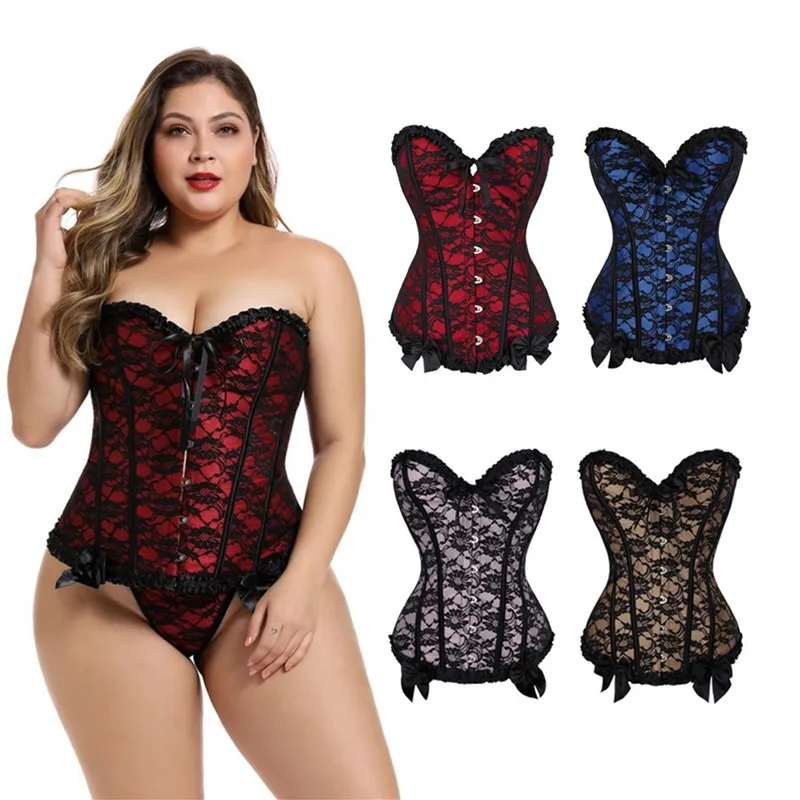 FRILL Lacy Gorset Top Damska Sexy Plus Rozmiar S-6XL Burlesque Koronki Koronki Nakładka Lace-Up Overbus Club Dance Party Corset Bustier