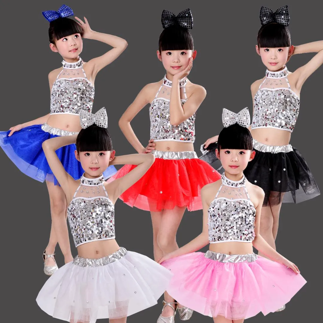 Trajes infantis Kindergarten Dance Trajes meninas Fluffy Saias Modernas do Jazz das Crianças Lantejoulas Desempenho de Desempenho