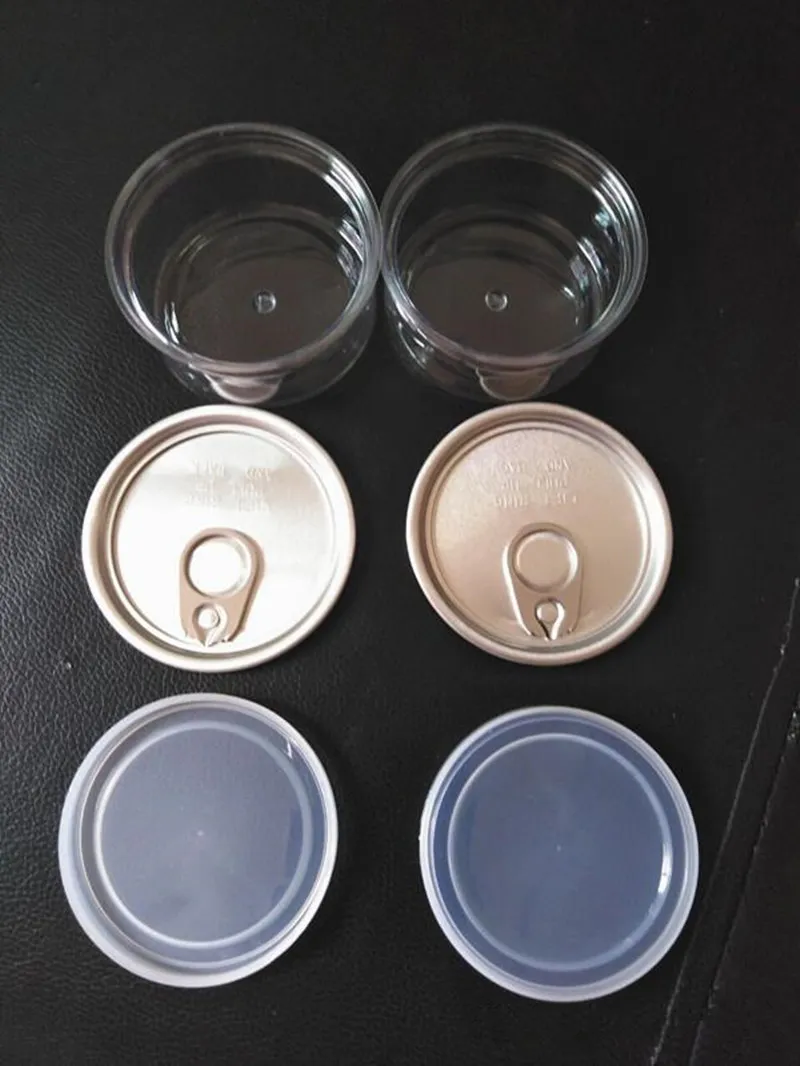 3.5 Jar Tin Cans Bouteille CLEAR PET 100 ml 65 * 33mm Plastique Cuisine Cuisine Conteneurs Fleurs Machine à couvercle en aluminium Fermer Sceller Stickers Stickers Coffret