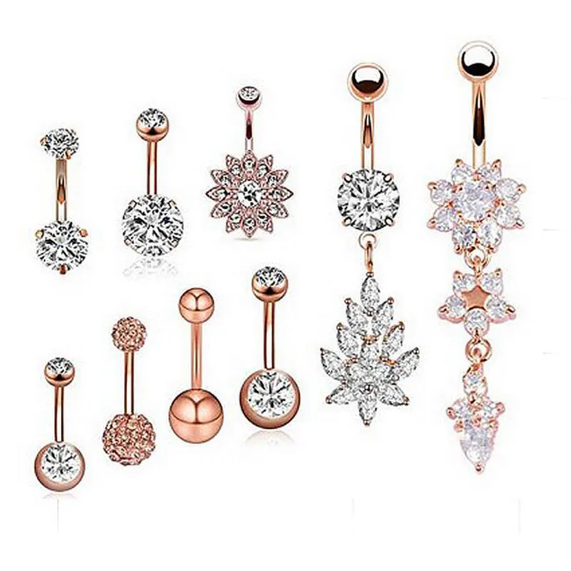 CZ Short Bar Belly Rings Set Surgical Steel Dangle Navel Barbells Diamonte Jewelry For Body Piercing