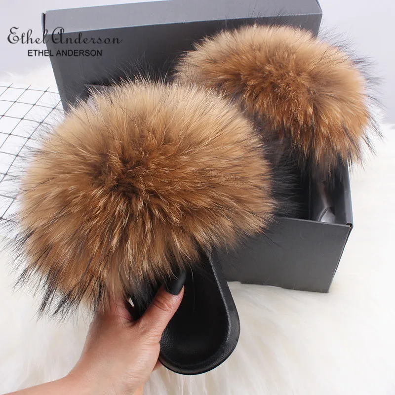 Ethel Anderson real Fox Fur Slides Chinelos Lady Natural Raccoon Flip Flops Fofo Fur Sandals Plush Shoes Presente surpreendente