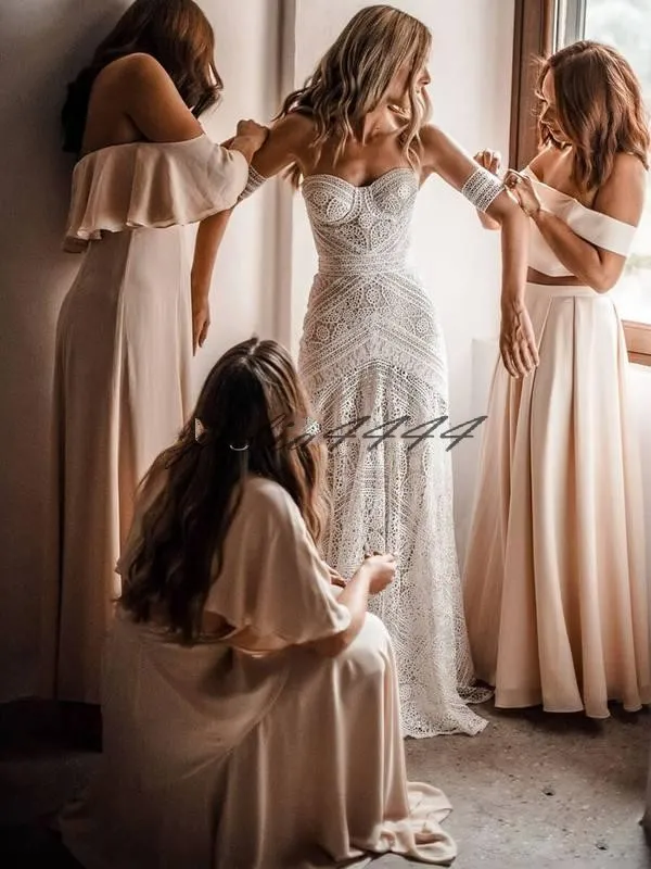 Off Shoulder Cotton Crochet Lace Wedding Dress Vintage Boho Full Length A Line Bridal Gown for Beach Country Weddings