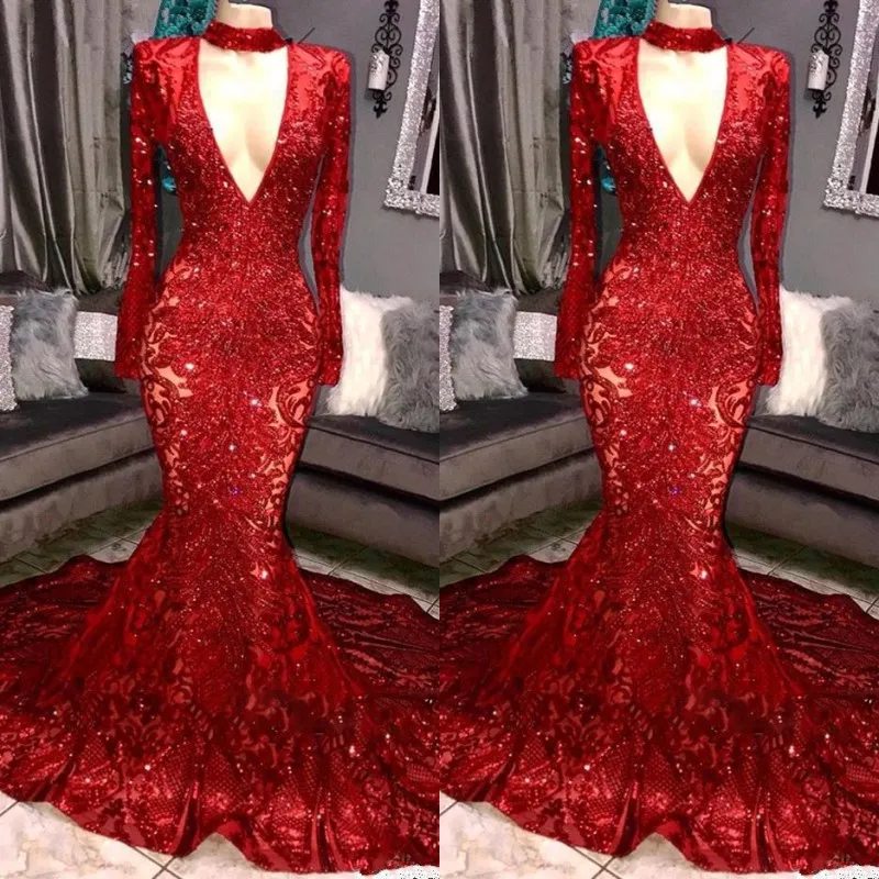 Red Royal Blue Gorgeous Bling Sequins Prom Dresses Mermaid Long Sleeves V Neck Evening Dress Women Elegant Party Gowns BC0842