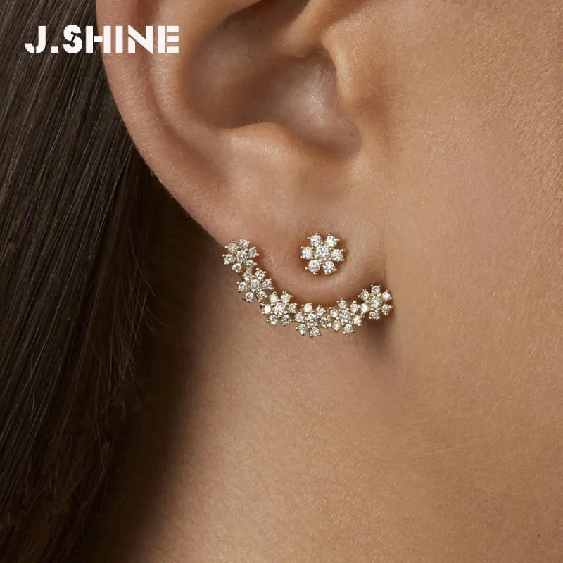 JSHINE FRONT EN ACHTEREN Dames Multicolor Crystal Snowflake Stud Oorbellen Voor Dames Charm Statement Flower Earring Mode-sieraden