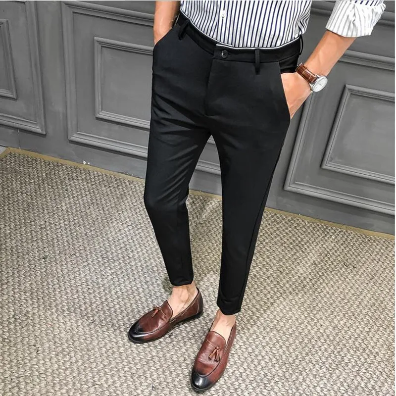 2019 Summer Man Slim Pants Slip Maschio Smart Casual Casual Plaid Sump Summer New Fashion Men Abito da lavoro Black Navy Blue310f