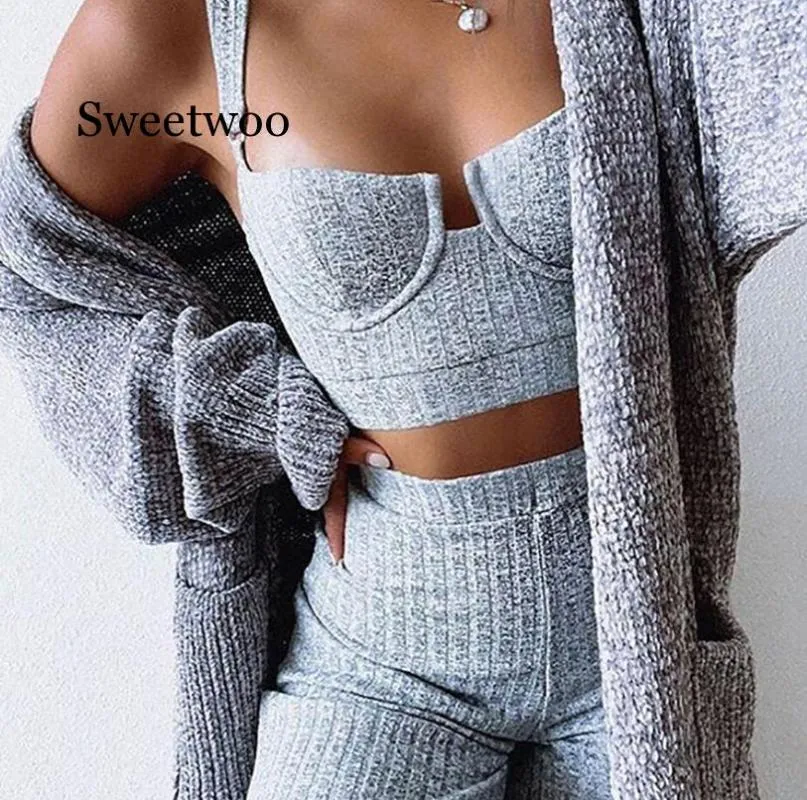 Sweetwoo الأبيض قطعتين مجموعة النساء محبوك رياضية أكمام حمالة المحاصيل الأعلى والسراويل مثير 2 قطعة مجموعات المرأة