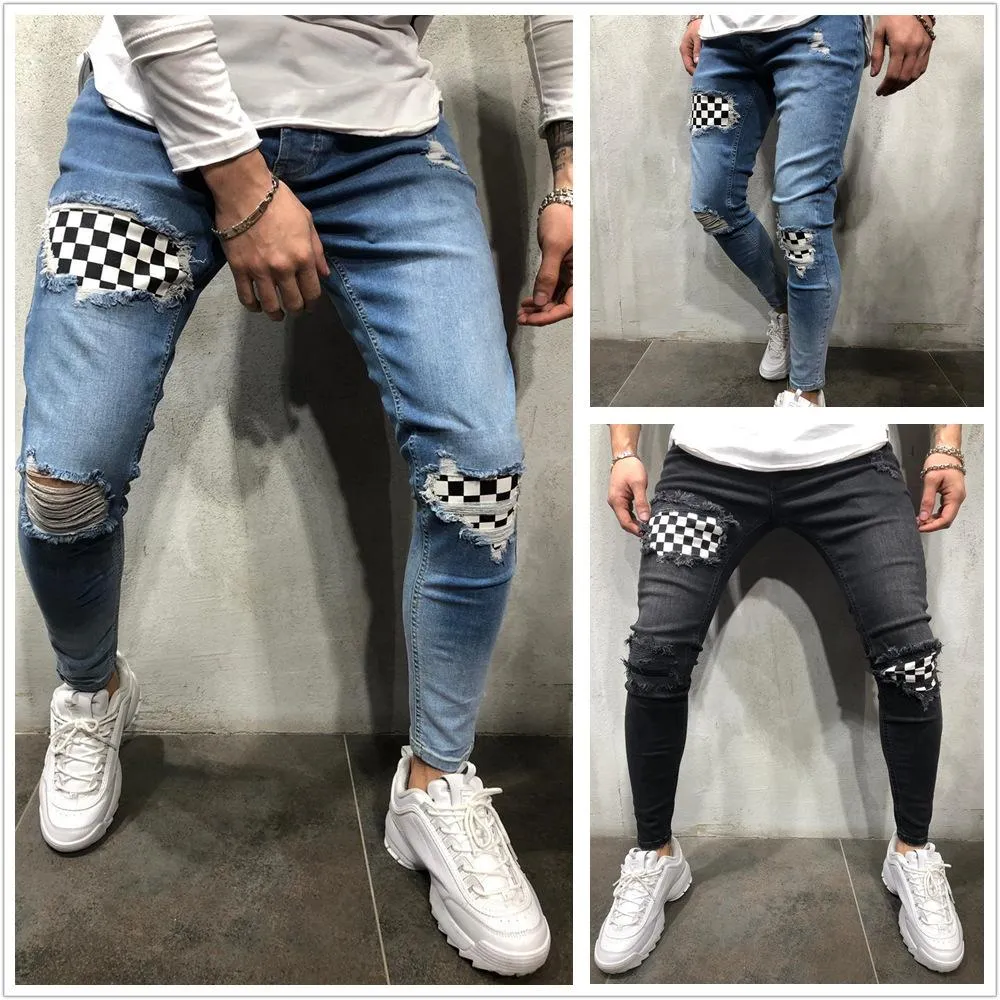 Pantalones vaqueros con cremallera para hombre Parche Cintura elástica Agujero Lápiz Pantalones ajustados Se adapta a todas las estaciones Pantalones vaqueros casuales de patrón largo