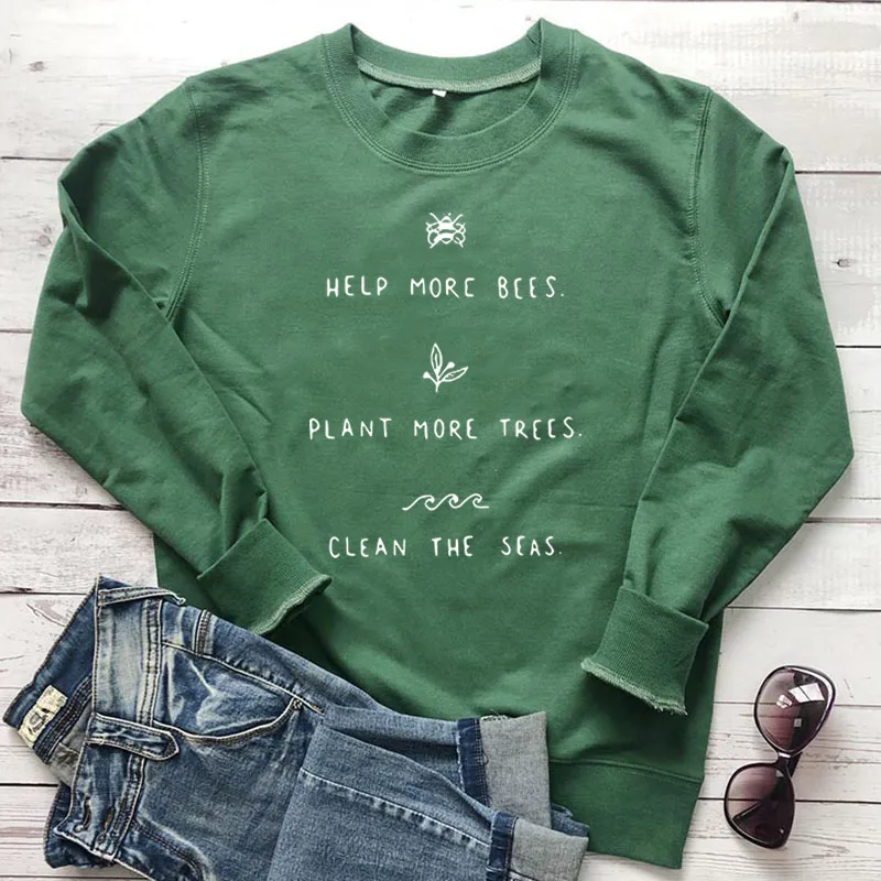 Ajuda mais Planta Mais árvores Limpar os mares Sueter Salvar Mãe Terra Slogan Mulheres Roupas Menina Casual Jumpers Drop Ship