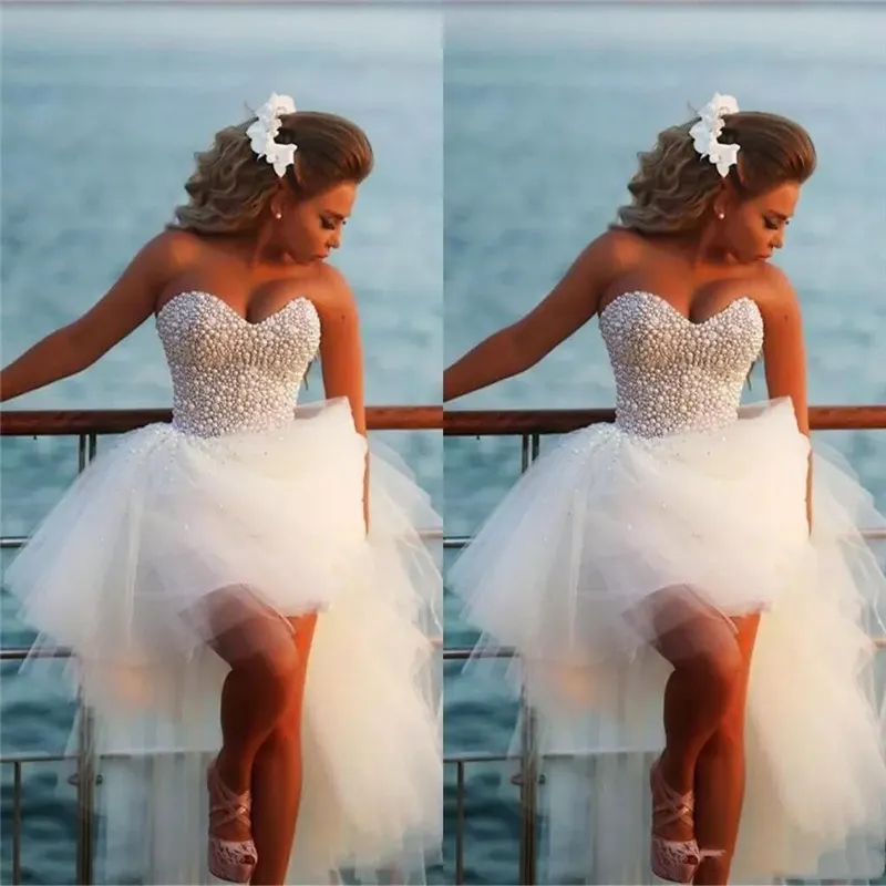 2020 Алина Милая Изысканная Жемчужина Hi-Lo Короткие Пляжные Платья с изготовленным из бисером свадебных платьев