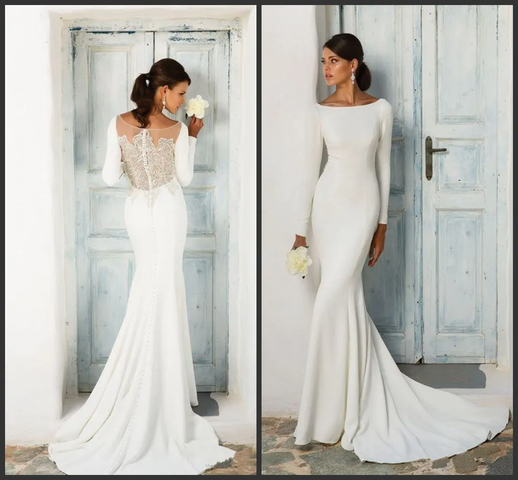 New Elegant Satin Mermaid Wedding Dresses Bateau Neck Lace Appliqued Back Long Sleeve Bridal Gowns Custom Made Beach Wedding Dress Plus Size