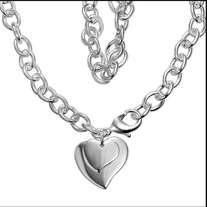 Collier en argent sterling plaqué 18inchs Double coeur Marque Collier DHSN252 Vente chaude 925 Silver Plaque Bijoux Pendentif Colliers