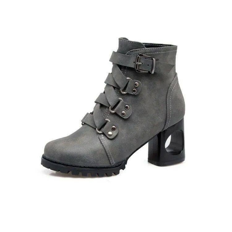 Stylish Designer Ankle Martin Boots Round Toe Rivets Buckle Shoes Women Hollow 6 CM Chunky Heels Antiskid Solid Booties