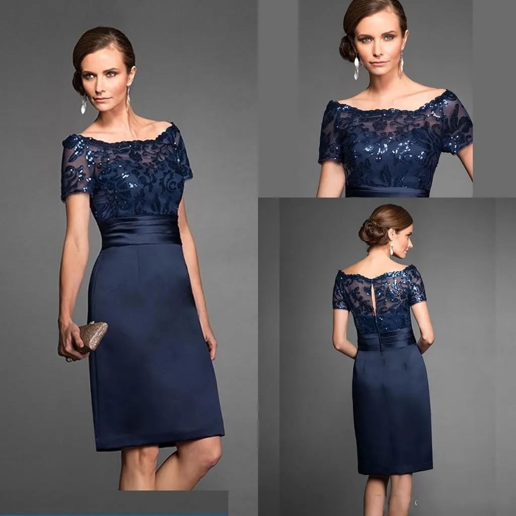 Cheap Navy New Blue Mother Of The Bride Dresses Scoop Neck Short Sleeves Lace Aequins Knee Length Custom Wedding Guest Evening Gowns