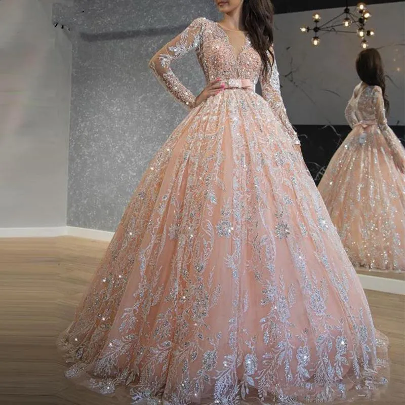 2020 Sparkly rosa vestidos de baile de lantejouling bola de laço mais tamanho africano jóia pescoço manga comprida doce 16 vestido vestidos de noite